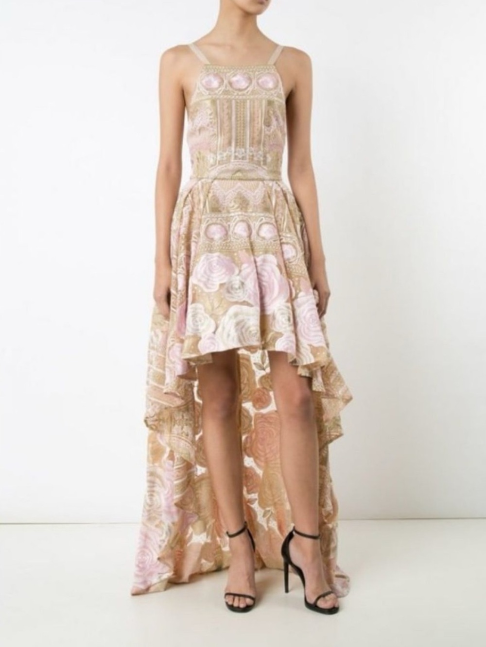 Marchesa Pink and Taupe Floral Lace High-Low Dress